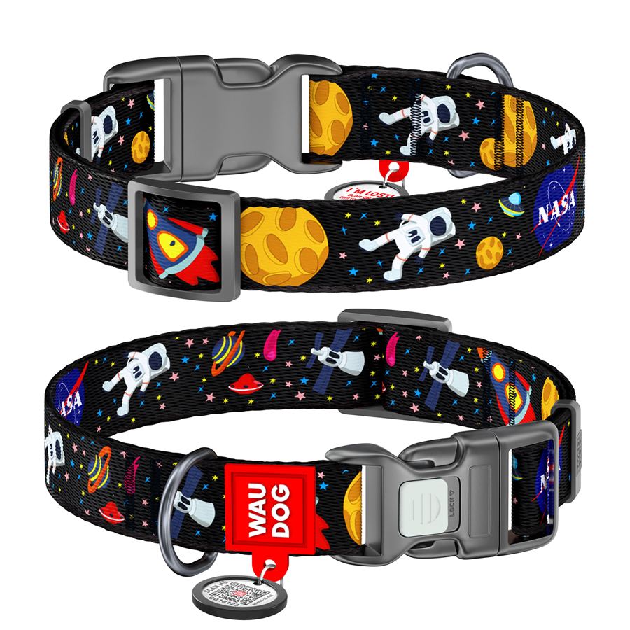 Нашийник для собак нейлоновий WAUDOG Nylon з QR паспортом, малюнок "NASA", пластиковий фастекс, Ш 20 мм, Дов 28-40 см