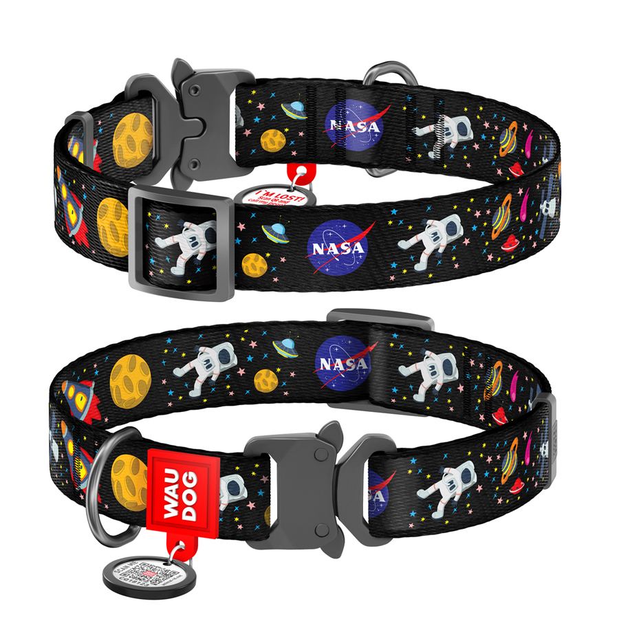 Нашийник для собак нейлоновий WAUDOG Nylon з QR паспортом, малюнок "NASA", металічна пряжка-фастекс, Ш 25 мм, Дов 37-58 см