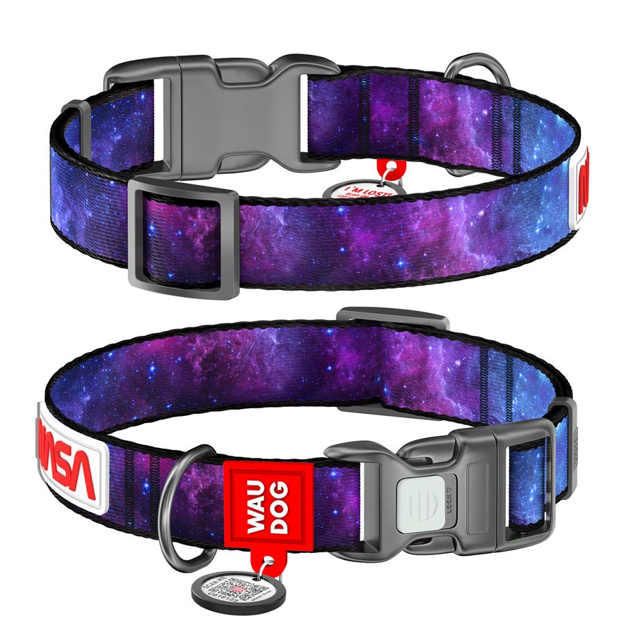 Нашийник для собак нейлоновий WAUDOG Nylon з QR паспортом, малюнок "NASA21", пластиковий фастекс, S, Ш 15 мм, Д 25-35 см