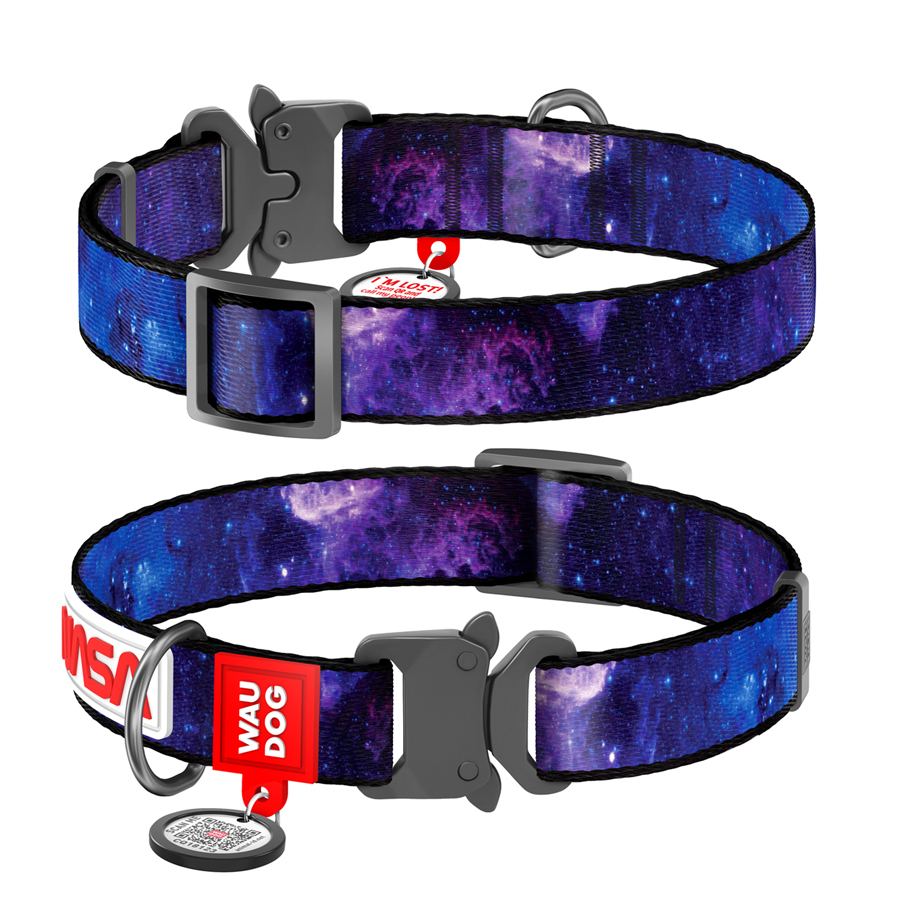 Нашийник для собак нейлоновий WAUDOG Nylon з QR паспортом, малюнок "NASA21", металева пряжка-фастекс, M, Ш 20 мм, Д 28-40 см