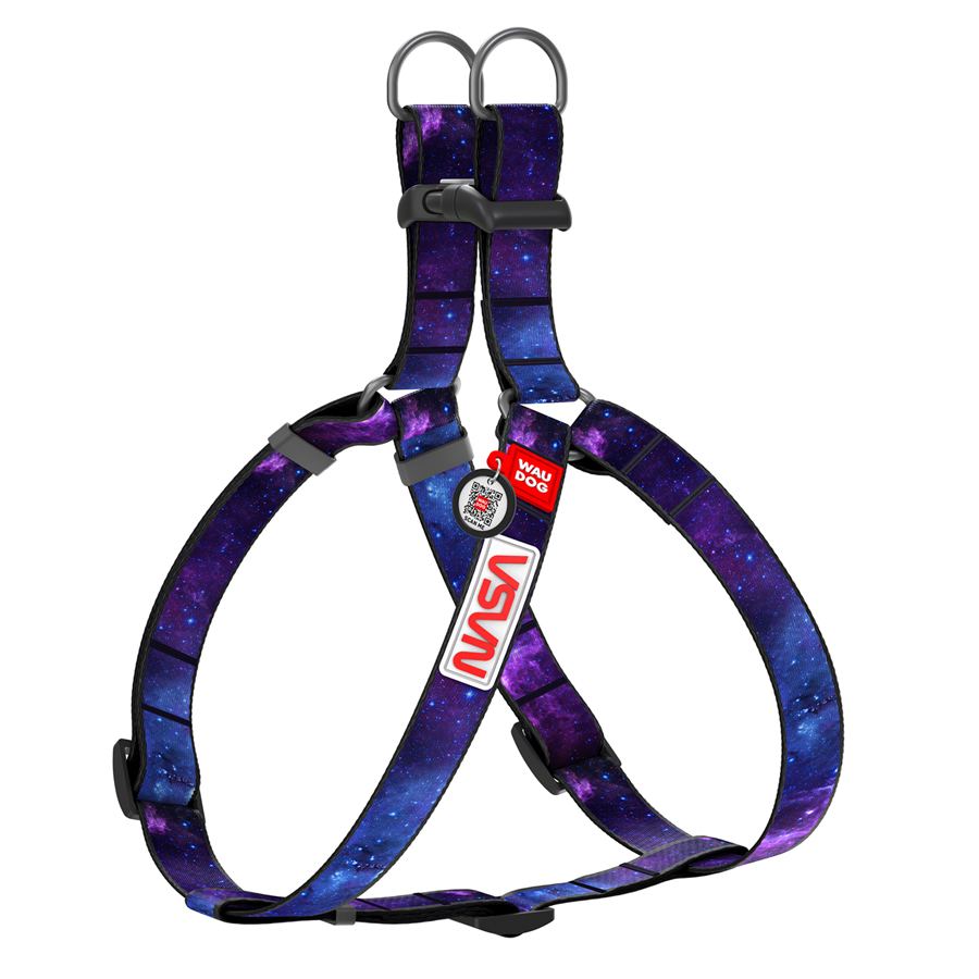 Шлея для собак WAUDOG Nylon з QR-паспортом, малюнок "NASA21", пластиковий фастекс, M, Ш 20, А=В 50-75 см