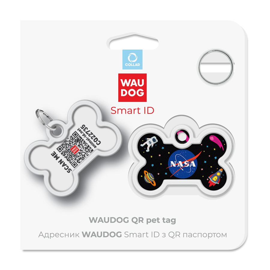 Адресник для собак і котів металевий WAUDOG Smart ID з QR паспортом, малюнок "NASA", кістка, Д 40 мм, Ш 28 мм — фото 3