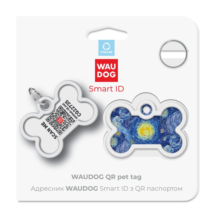 Адресник для собак і котів металевий WAUDOG Smart ID з QR паспортом, малюнок "Водяні лілії", кістка, Д 40 мм, Ш 28 мм — фото 3
