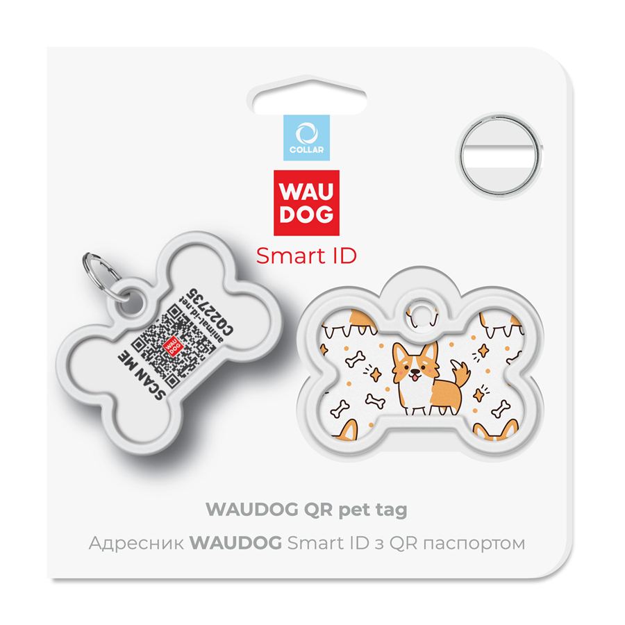 Адресник для собак і котів металевий WAUDOG Smart ID з QR паспортом, малюнок "Коргі", кістка, Д 40 мм, Ш 28 мм — фото 2
