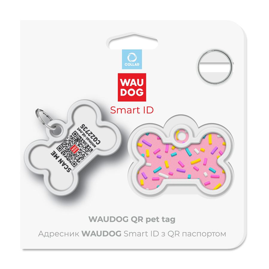 Адресник для собак і котів металевий WAUDOG Smart ID з QR паспортом, малюнок "Маршмеллоу", кістка, Д 40 мм, Ш 28 мм — фото 2