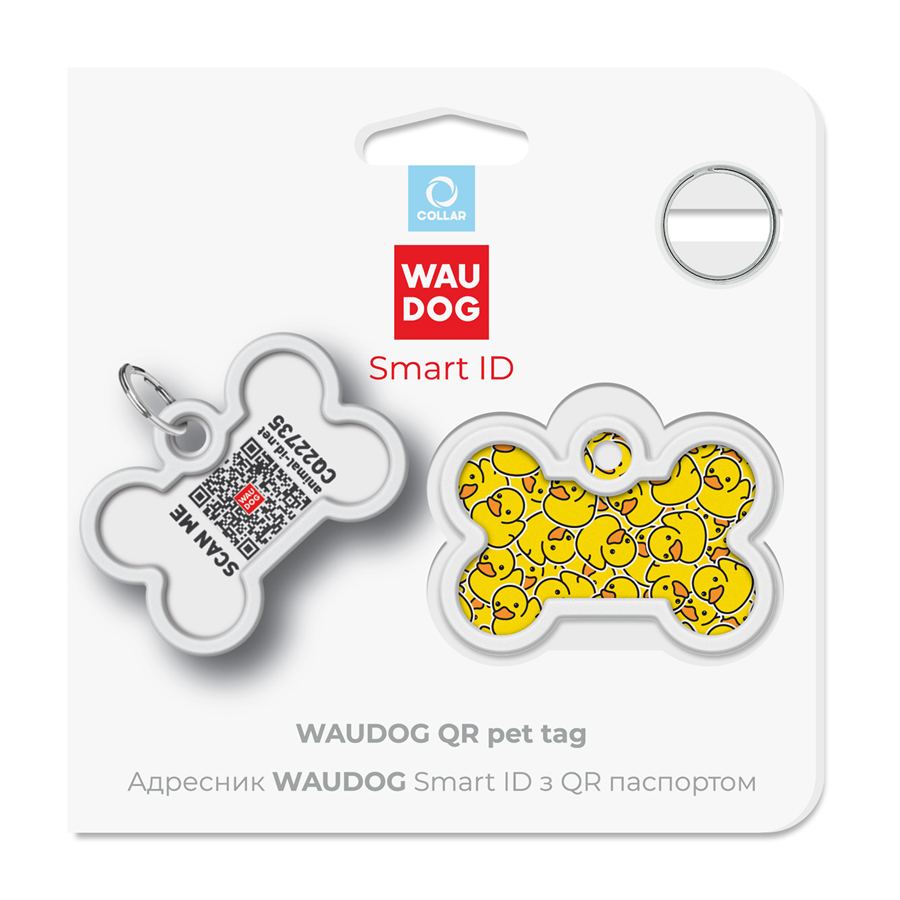 Адресник для собак і котів металевий WAUDOG Smart ID з QR паспортом, малюнок "Качки", кістка, Д 40 мм, Ш 28 мм — фото 2