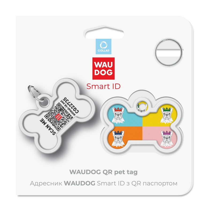 Адресник для собак і котів металевий WAUDOG Smart ID з QR паспортом, малюнок "Французький бульдог", кістка, Д 40 мм, Ш 28 мм — фото 4