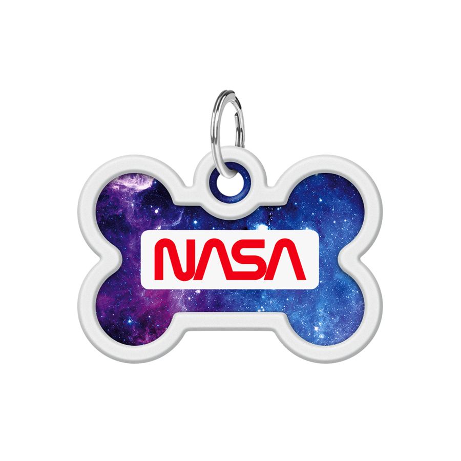 Адресник для собак і котів металевий WAUDOG Smart ID з QR паспортом, малюнок "NASA21", кістка, Д 40 мм, Ш 28 мм — фото 2