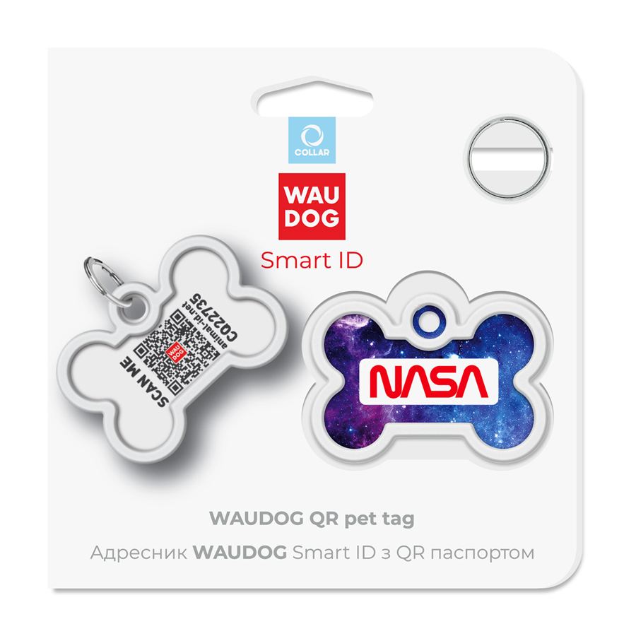 Адресник для собак і котів металевий WAUDOG Smart ID з QR паспортом, малюнок "NASA21", кістка, Д 40 мм, Ш 28 мм — фото 5