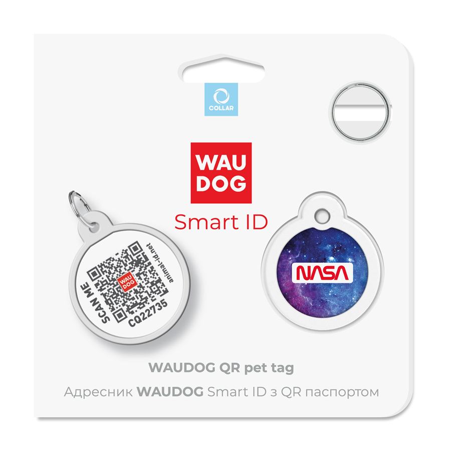 Адресник для собак і котів металевий WAUDOG Smart ID з QR паспортом, малюнок "NASA21", коло, Д 25 мм — фото 5