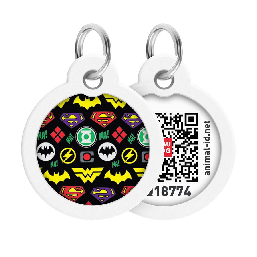 Адресник для собак і котів металевий WAUDOG Smart ID з QR паспортом, малюнок "Супергерої логоманія", коло, Д 30 мм