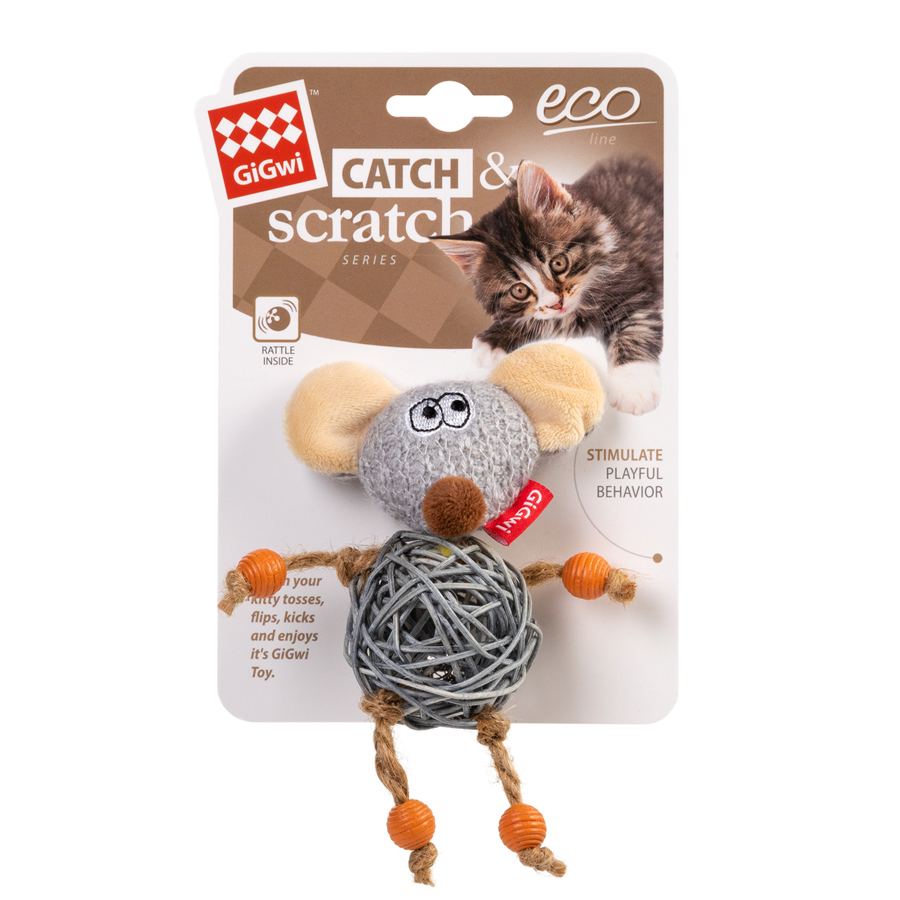 Іграшка для котів Мишка з дзвіночком GiGwi Catch&scratch, текстиль, мотузка, ротанг, 8 см — фото 2