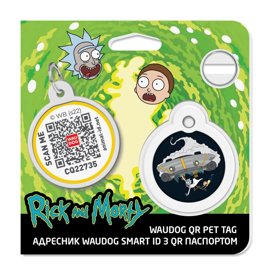 Адресник для собак і котів металевий WAUDOG Smart ID з QR паспортом, малюнок "Рік та Морті 1", коло, Д 30 мм — фото 4