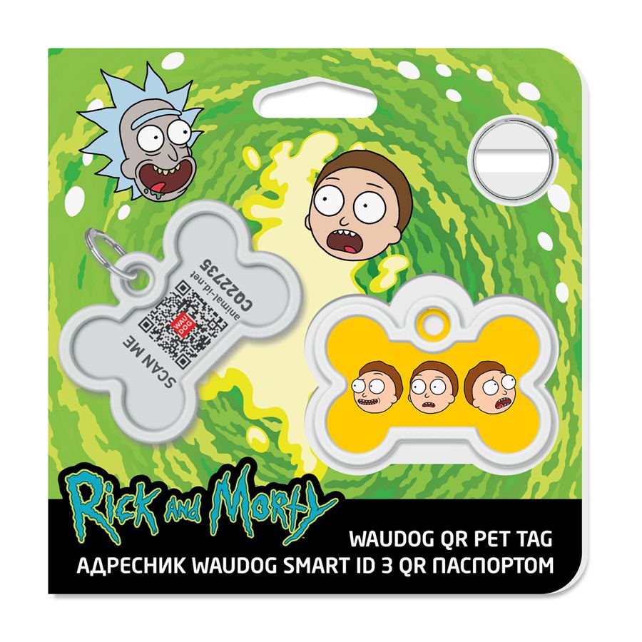 Адресник для собак і котів металевий WAUDOG Smart ID з QR паспортом, малюнок "Рік та Морті 2", кістка, Д 40 мм, Ш 28 мм — фото 4