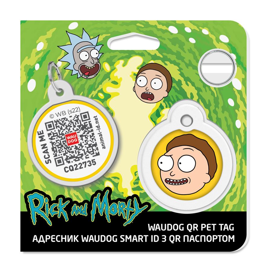 Адресник для собак і котів металевий WAUDOG Smart ID з QR паспортом, малюнок "Рік та Морті 2", коло, Д 30 мм — фото 4