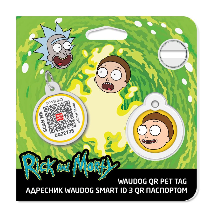 Адресник для собак і котів металевий WAUDOG Smart ID з QR паспортом, малюнок "Рік та Морті 2", коло, Д 25 мм — фото 4