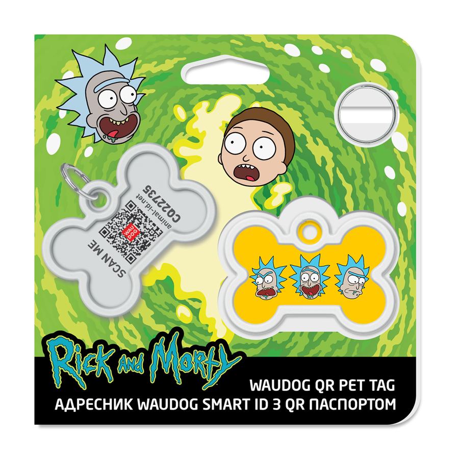 Адресник для собак і котів металевий WAUDOG Smart ID з QR паспортом, малюнок "Рік та Морті 3", кістка, Д 40 мм, Ш 38 мм — фото 4