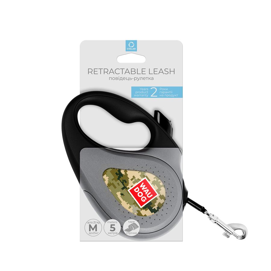 Повідець-рулетка для собак WAUDOG R-leash, малюнок "Мілітарі", M, до 25 кг, 5 м, світловідбиваюча стрічка — фото 4