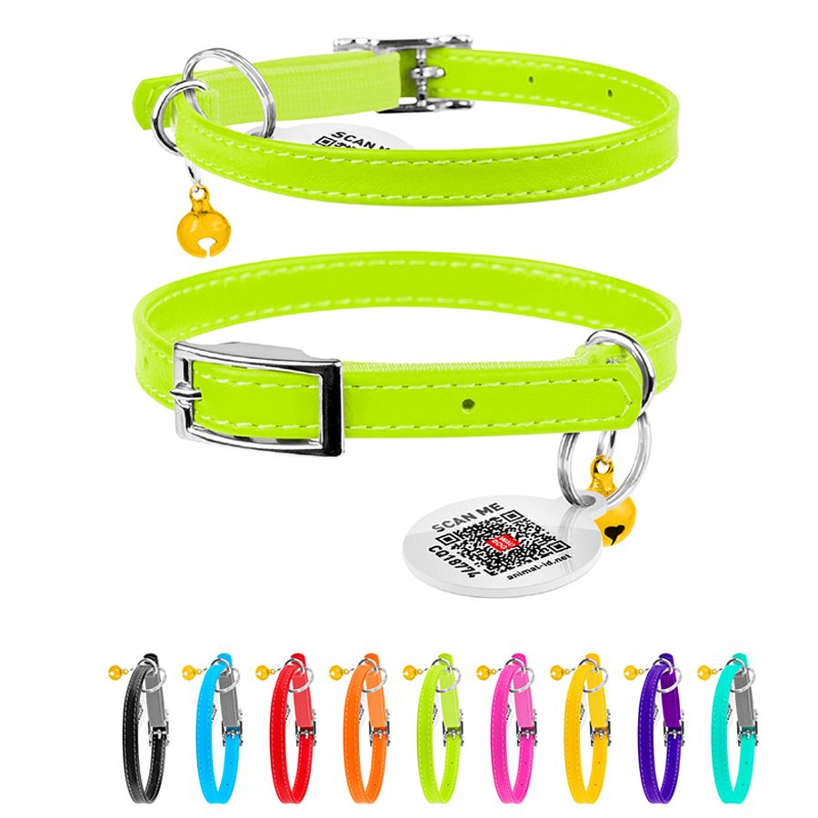 Нашийник для котів шкіряний WAUCAT Glamour з QR паспортом, без прикрас, XXS, Ш 9 мм, Дов 22-30 см салатовий