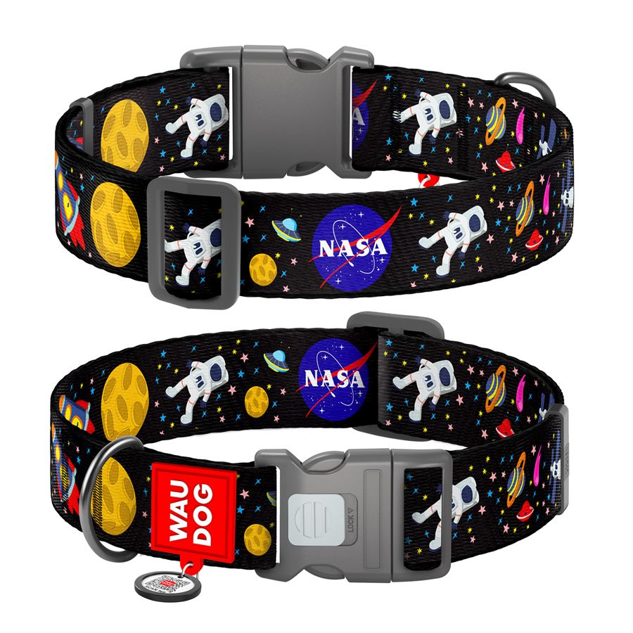 Нашийник для собак нейлоновий WAUDOG Nylon з QR паспортом, малюнок "NASA", пластиковий фастекс, XXL, Ш 35 мм, Дов 46-70 см