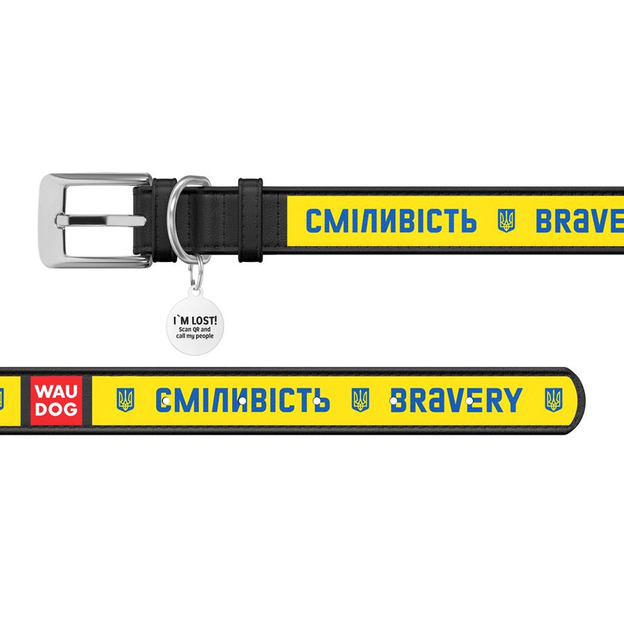 Нашийник для собак шкіряний WAUDOG Design з QR паспортом, малюнок "Сміливість", L, Ш 25 мм, Дов 38-49 см чорний — фото 3