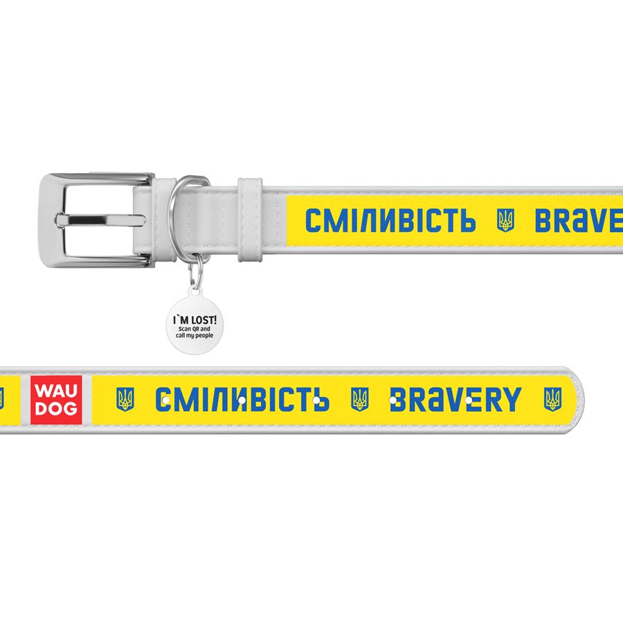 Нашийник для собак шкіряний WAUDOG Design з QR паспортом, малюнок "Сміливість", L, Ш 25 мм, Дов 38-49 см білий — фото 3