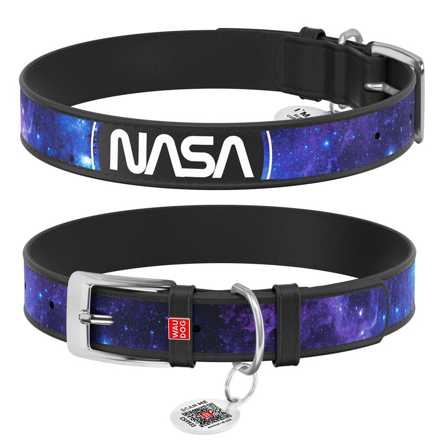 Нашийник для собак шкіряний WAUDOG Design з QR паспортом, малюнок "NASA21", S, Ш 15 мм, Д 26-35 см, чорний