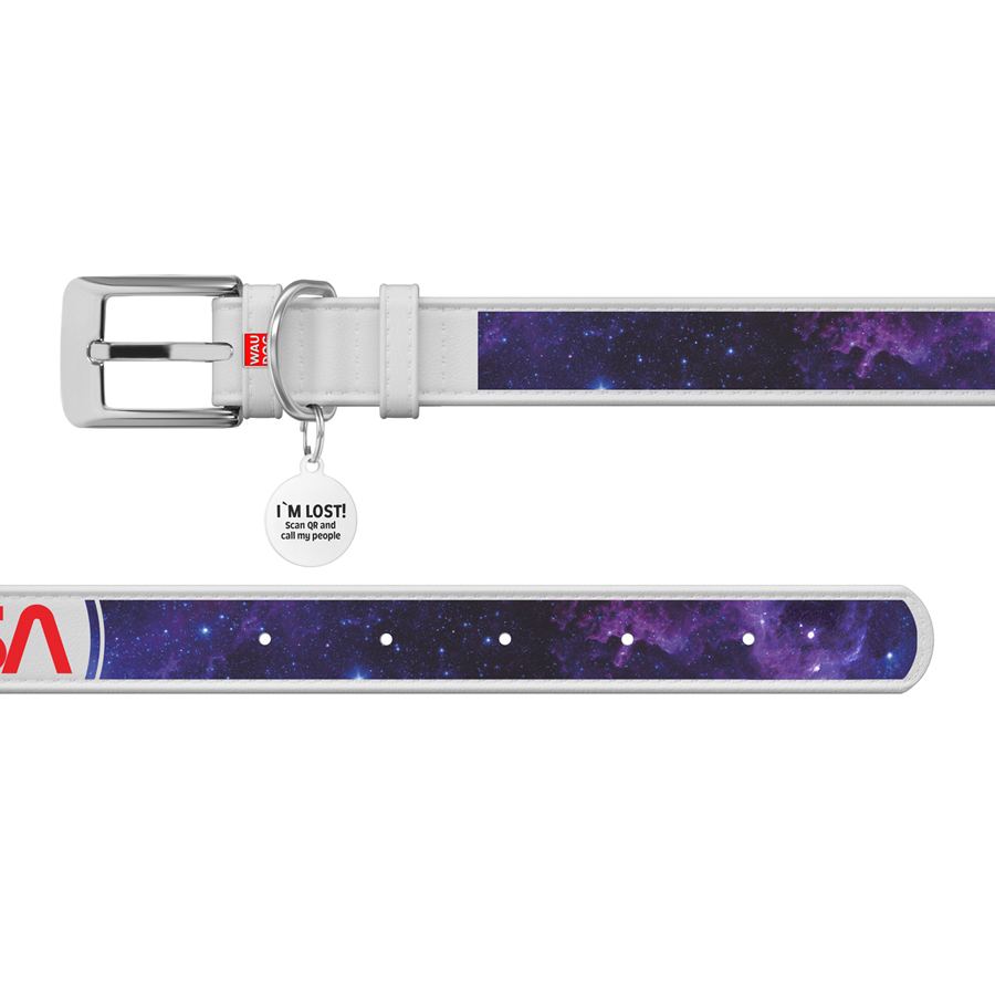 Нашийник для собак шкіряний WAUDOG Design з QR паспортом, малюнок "NASA21", XL, Ш 35 мм, Д 46-59 см, білий — фото 3