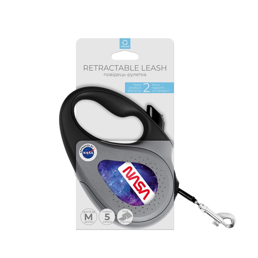 Повідець-рулетка для собак WAUDOG R-leash, малюнок "NASA21", M, до 25 кг, 5 м, світловідбиваюча стрічка чорний — фото 2