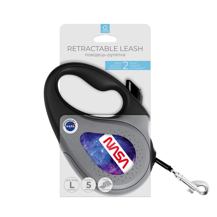 Повідець-рулетка для собак WAUDOG R-leash, малюнок "NASA21", L, до 50 кг, 5 м, світловідбиваюча стрічка чорний — фото 2