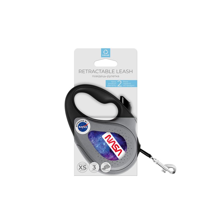Повідець-рулетка для собак WAUDOG R-leash, малюнок "NASA21", XS, до 12 кг, 3 м, світловідбиваюча стрічка чорний — фото 2