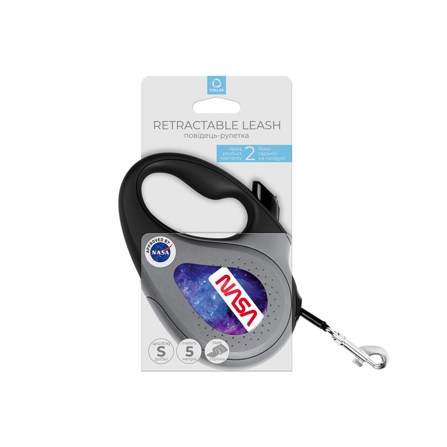 Повідець-рулетка для собак WAUDOG R-leash, малюнок "NASA21", S, до 15 кг, 5 м, світловідбиваюча стрічка чорний — фото 2