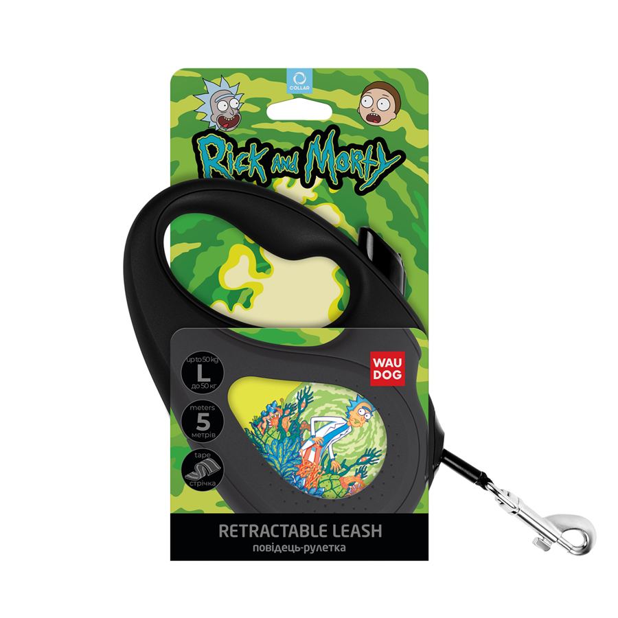 Повідець-рулетка для собак WAUDOG R-leash, малюнок "Рік та Морті 2", L, до 50 кг, 5 м, світловідбиваюча стрічка чорний — фото 4