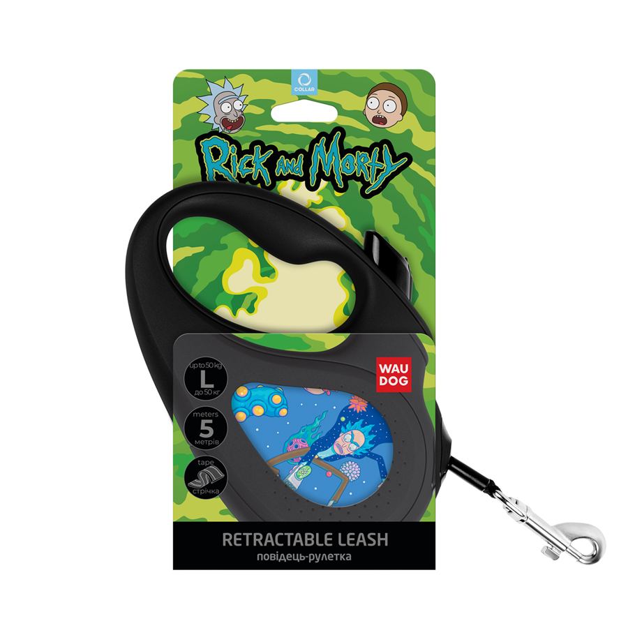 Повідець-рулетка для собак WAUDOG R-leash, малюнок "Рік та Морті 3", L, до 50 кг, 5 м, світловідбиваюча стрічка чорний — фото 4