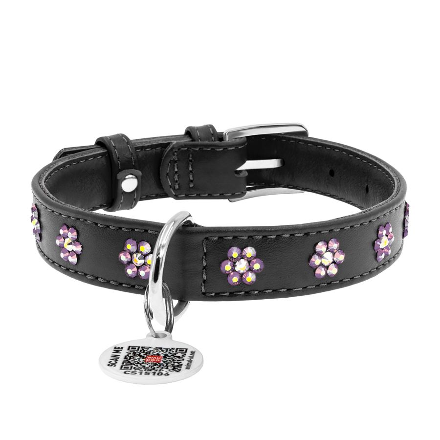 Нашийник для собак шкіряний WAUDOG Glamour з QR паспортом, з клейовими стразами "Квіти", Ш 15 мм, Дов 27-36 см чорний — фото 3