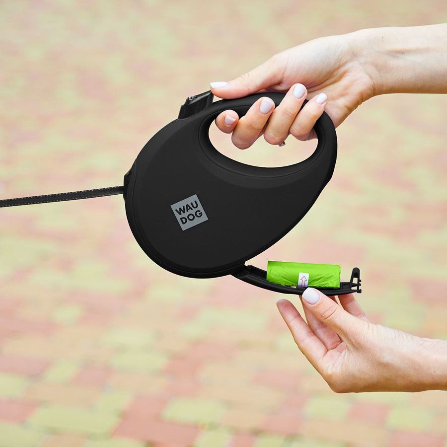 Повідець-рулетка для собак WAUDOG R-leash з контейнером для пакетів, світловідбивна стрічка, L, до 40 кг, 5 м, чорний — фото 4