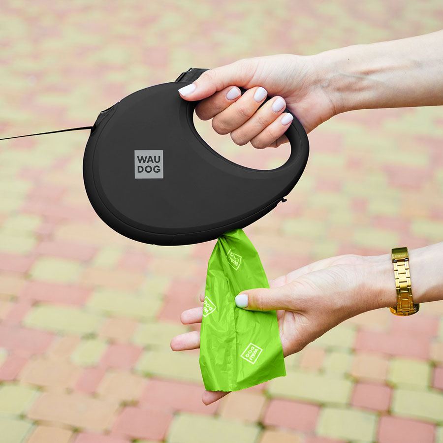 Повідець-рулетка для собак WAUDOG R-leash з контейнером для пакетів, світловідбивна стрічка, L, до 40 кг, 5 м, чорний — фото 5