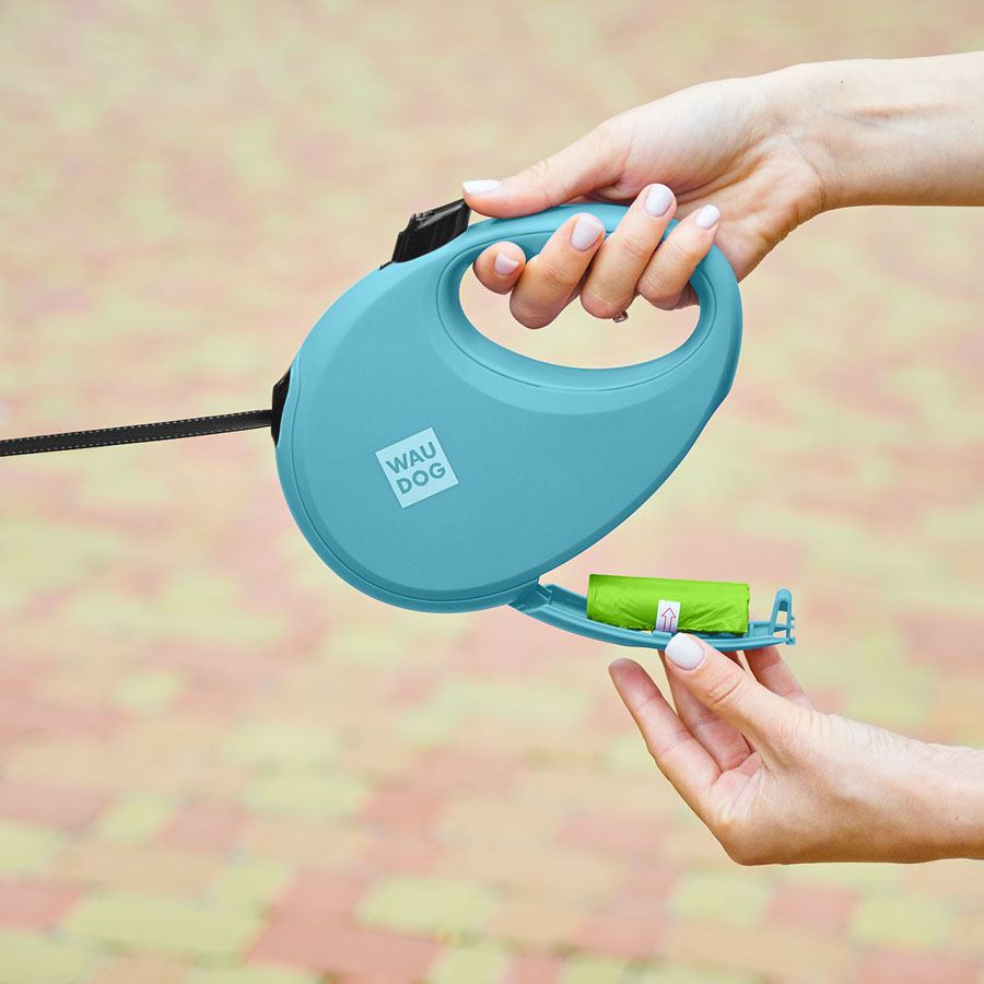 Повідець-рулетка для собак WAUDOG R-leash з контейнером для пакетів, світловідбивна стрічка, L, до 40 кг, 5 м, блакитний — фото 4