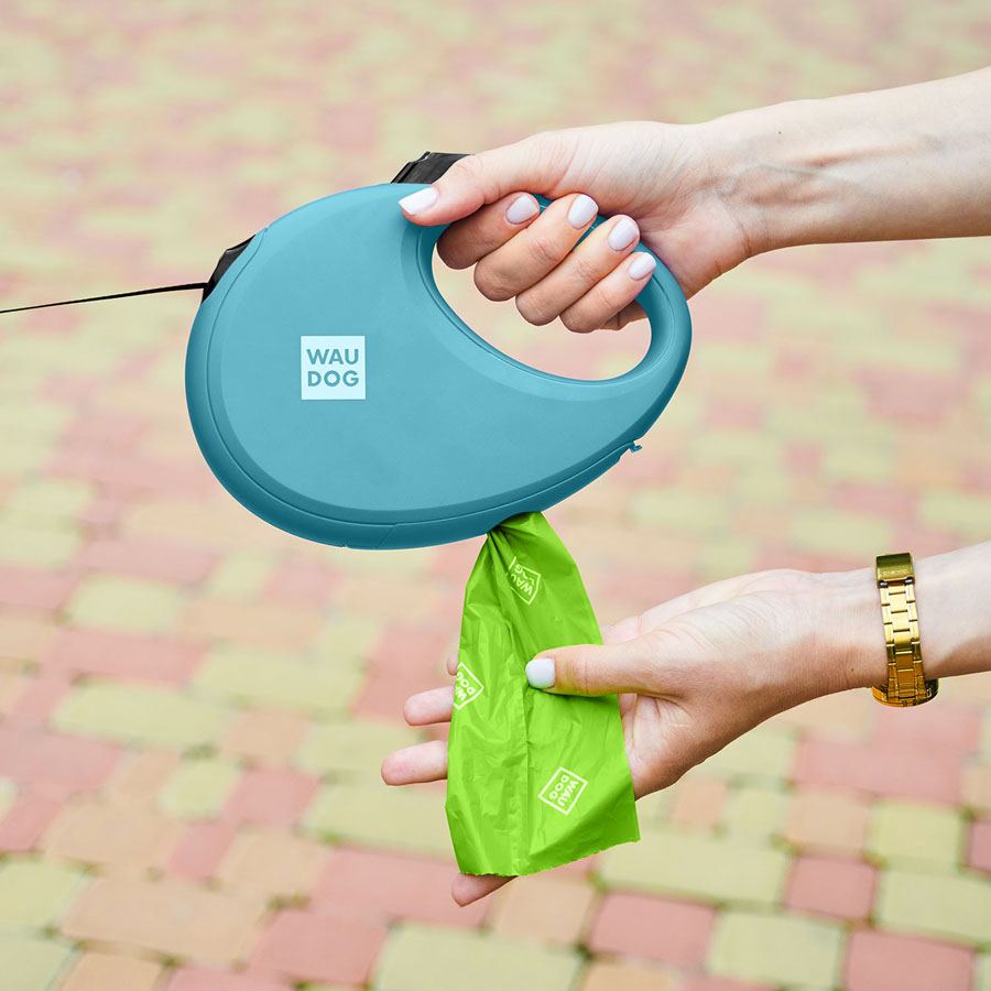 Повідець-рулетка для собак WAUDOG R-leash з контейнером для пакетів, світловідбивна стрічка, L, до 40 кг, 5 м, блакитний — фото 5