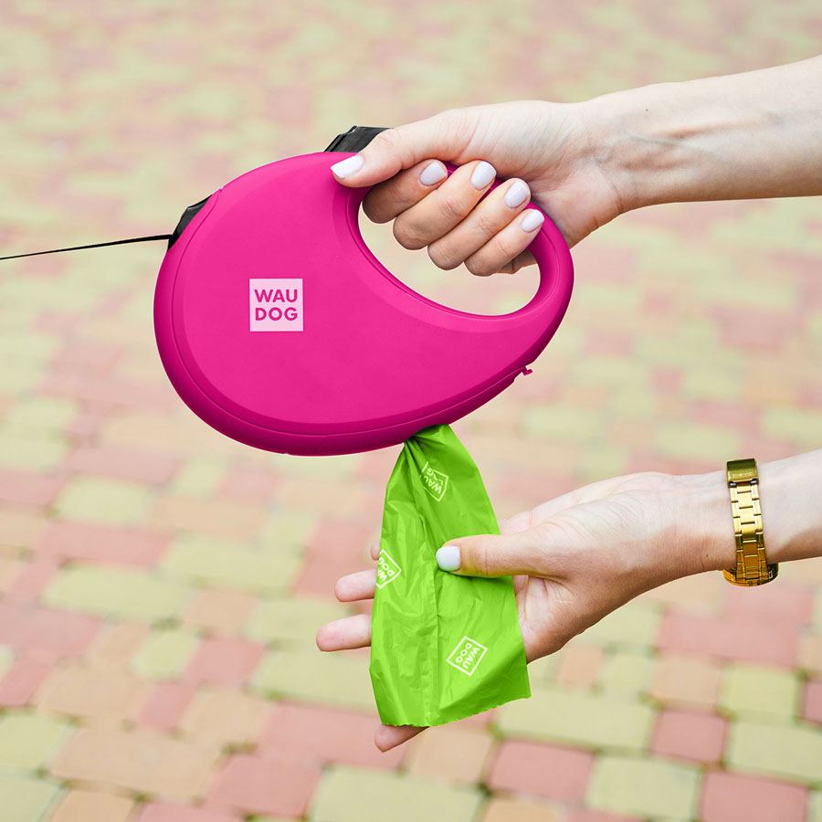 Повідець-рулетка для собак WAUDOG R-leash з контейнером для пакетів, світловідбивна стрічка, L, до 40 кг, 5 м, рожевий — фото 5