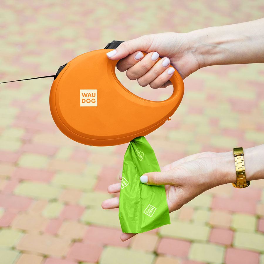 Повідець-рулетка для собак WAUDOG R-leash з контейнером для пакетів, світловідбивна стрічка, L, до 40 кг, 5 м, помаранчевий — фото 5