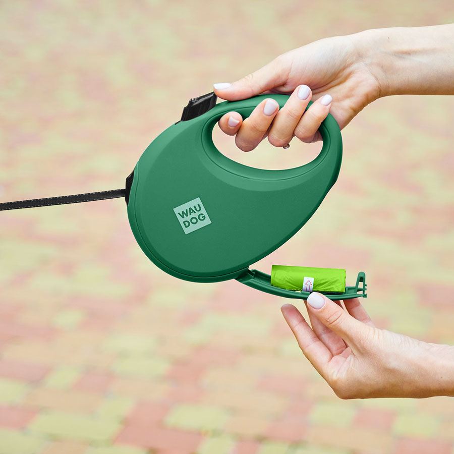 Повідець-рулетка для собак WAUDOG R-leash з контейнером для пакетів, світловідбивна стрічка, L, до 40 кг, 5 м, зелений — фото 4