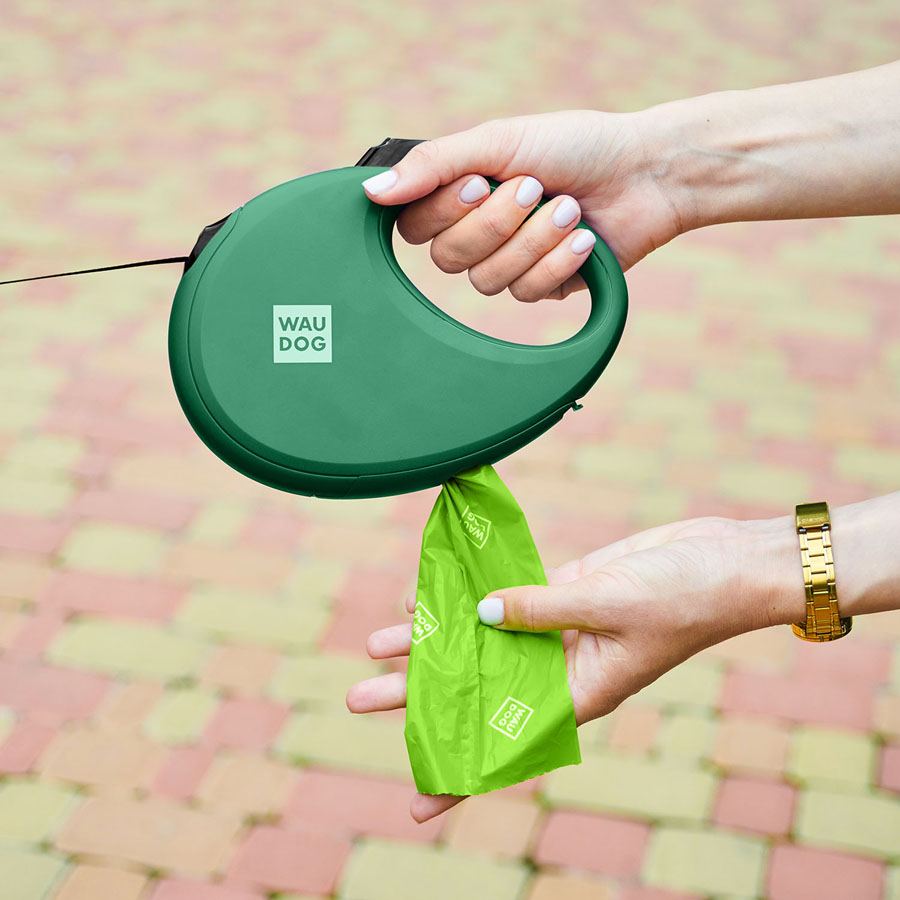 Повідець-рулетка для собак WAUDOG R-leash з контейнером для пакетів, світловідбивна стрічка, L, до 40 кг, 5 м, зелений — фото 5