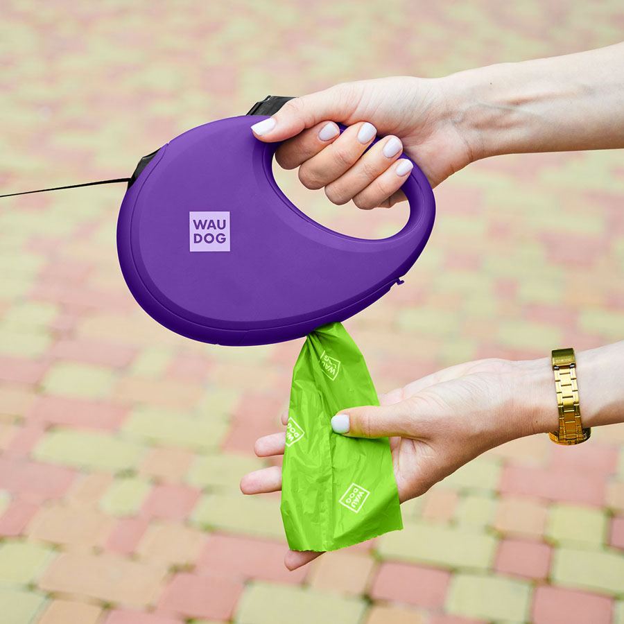 Повідець-рулетка для собак WAUDOG R-leash з контейнером для пакетів, світловідбивна стрічка, L, до 40 кг, 5 м, фіолетовий — фото 5