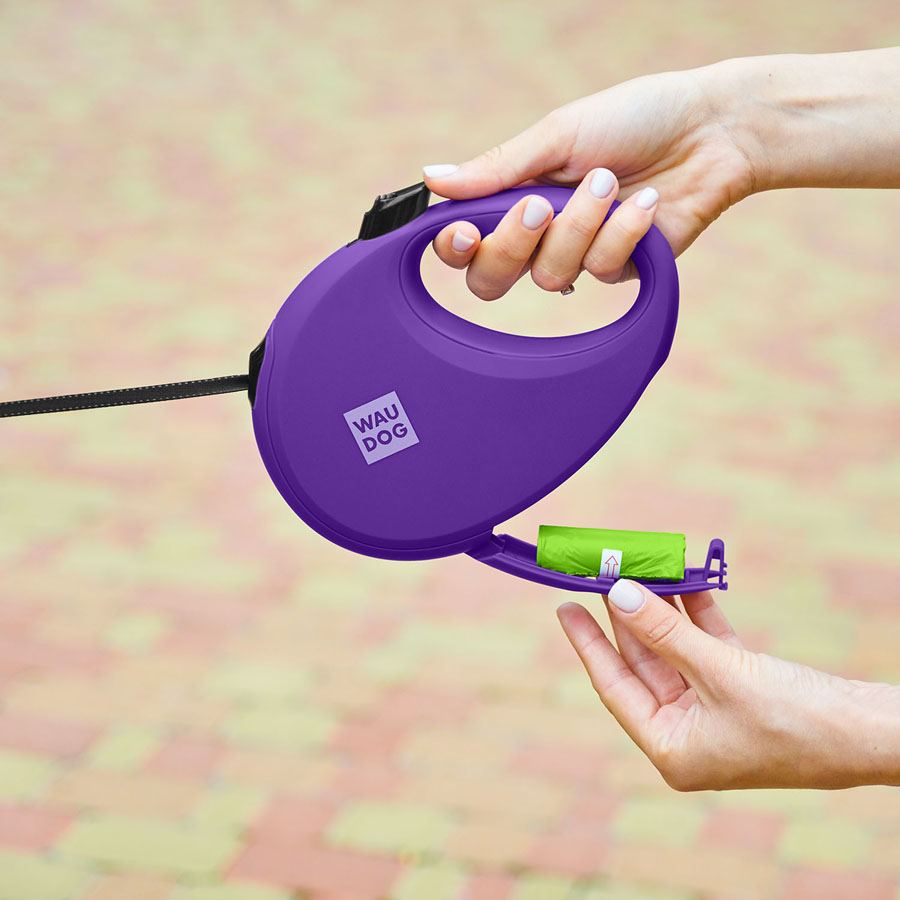 Повідець-рулетка для собак WAUDOG R-leash з контейнером для пакетів, світловідбивна стрічка, L, до 40 кг, 5 м, фіолетовий — фото 4