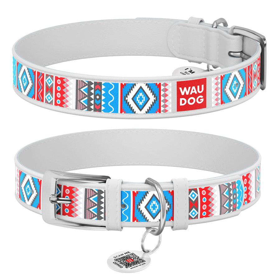 Нашийник для собак шкіряний WAUDOG Design з QR паспортом, малюнок "Етно", XL, Ш 35 мм, Дов 46-59 см, білий