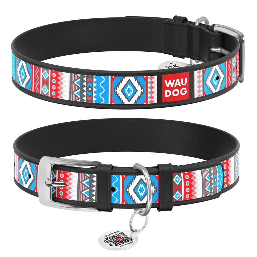 Нашийник для собак шкіряний WAUDOG Design з QR паспортом, малюнок "Етно", L, Ш 25 мм, Дов 38-49 см чорний