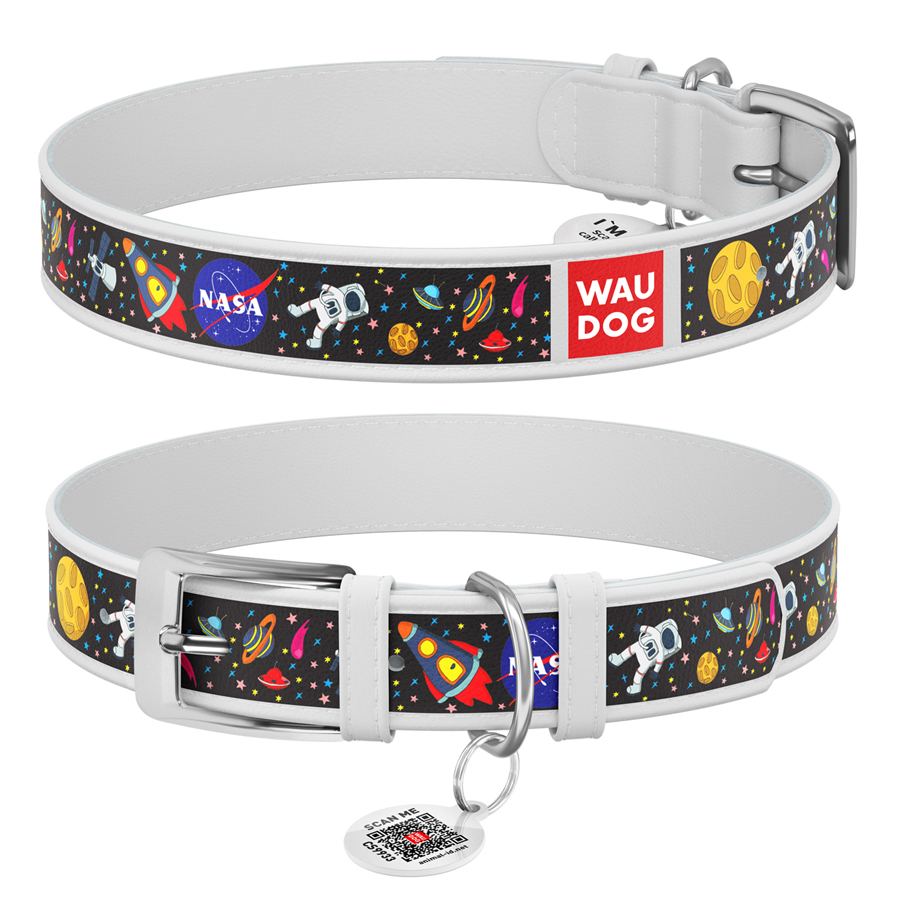 Нашийник для собак шкіряний WAUDOG Design з QR паспортом, малюнок "NASA", M, Ш 20 мм, Дов 29-38 см, білий