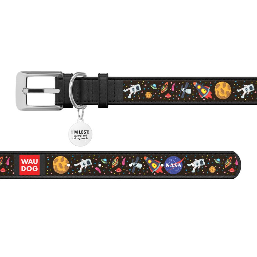 Нашийник для собак шкіряний WAUDOG Design з QR паспортом, малюнок "NASA", M, Ш 20 мм, Дов 29-38 см, чорний — фото 3