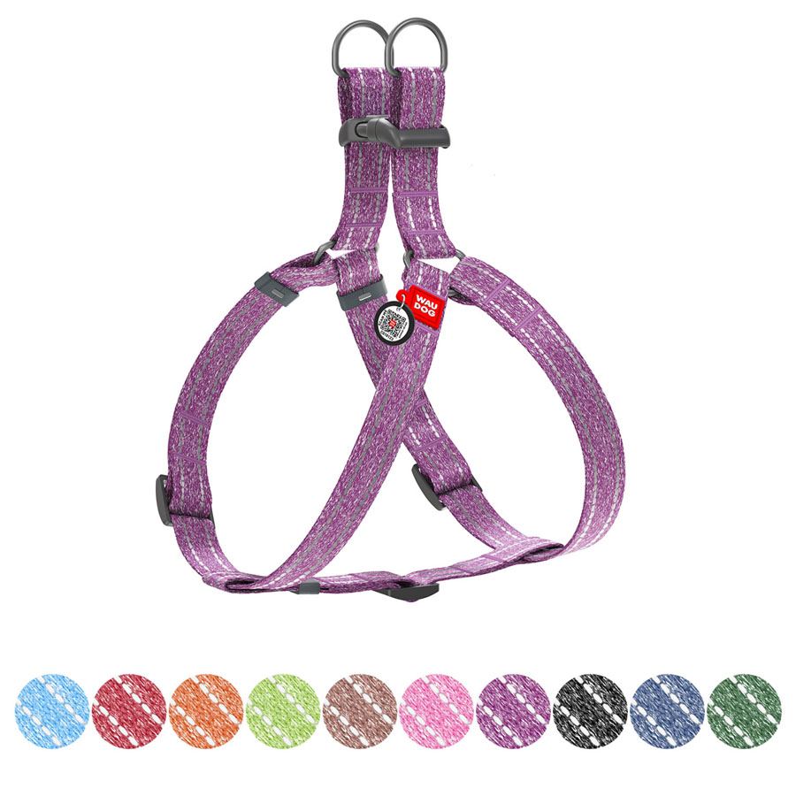 Шлея з відновленої бавовни WAUDOG Re-cotton з QR паспортом, світловідбиваюча, пластиковий фастекс, L, Ш 25 мм, Д 60-85 см фіолетовий